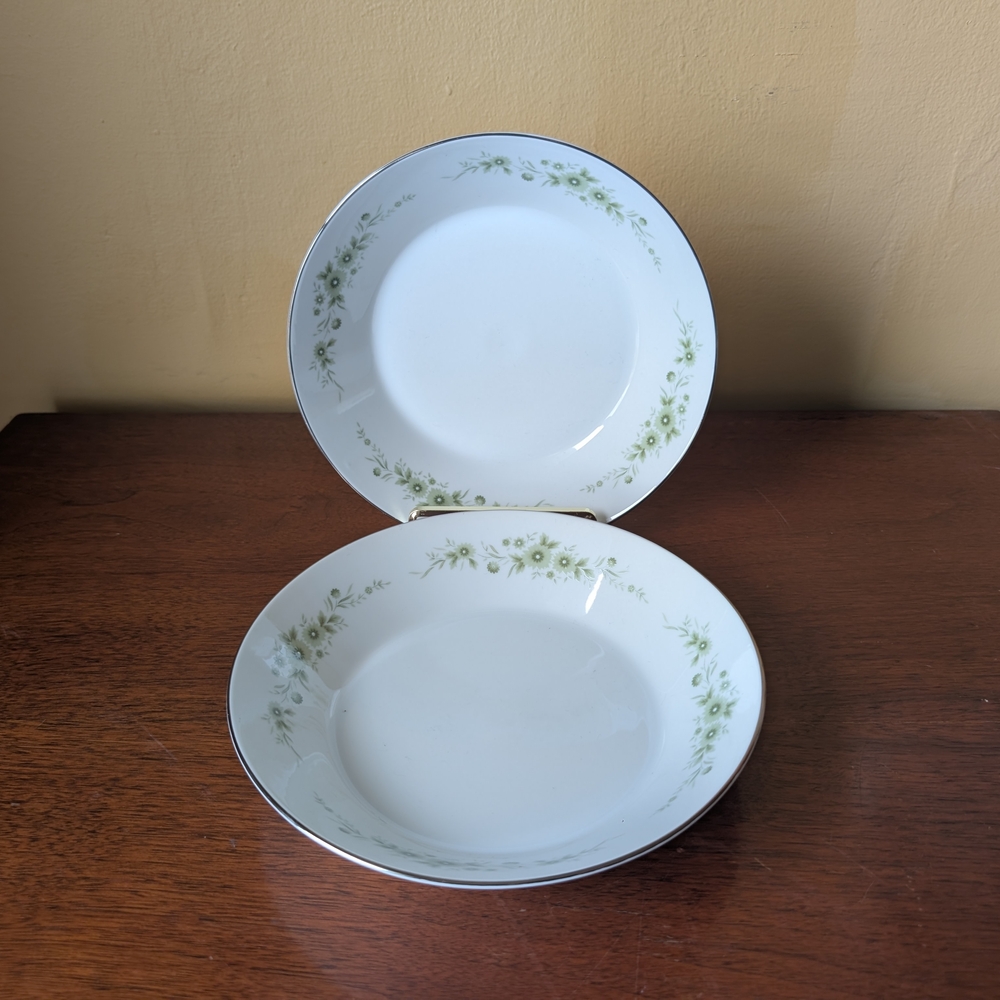 EKCO Blossomtime Soup Bowl Set Of 2 Green Floral Border Plat Trim Vintage D/C